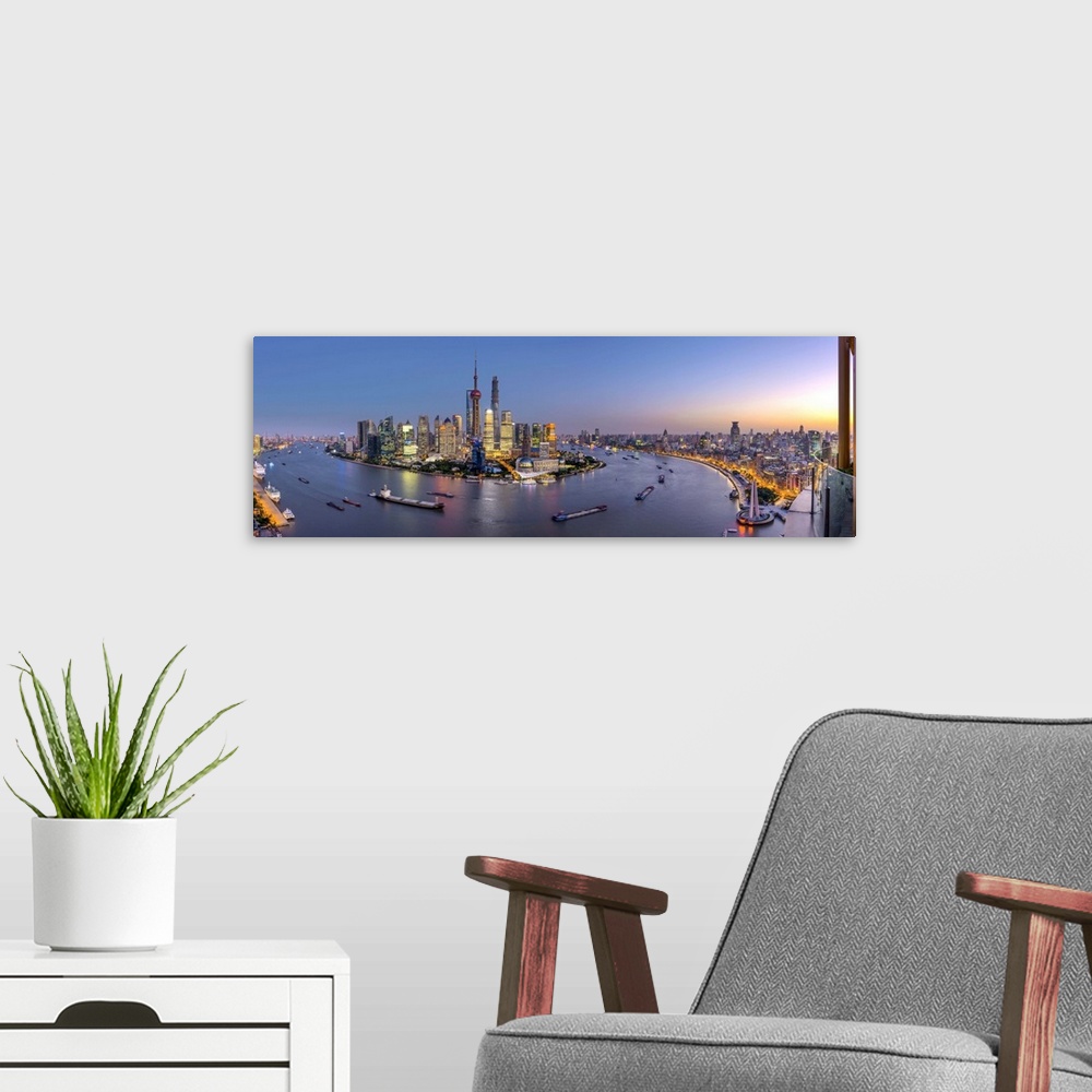 A modern room featuring China, Shanghai, Pudong District Skyline across Huangpu River