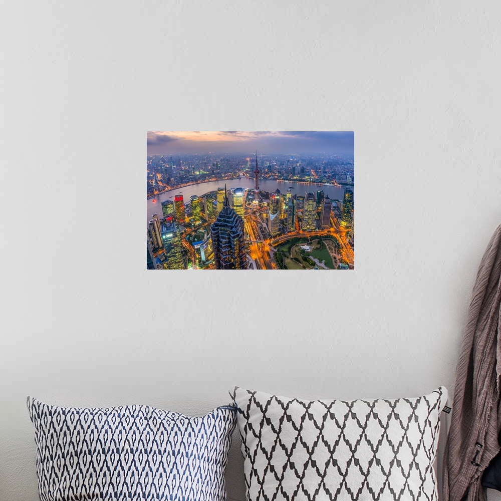 A bohemian room featuring China, Shanghai, View over Pudong Financial District, Huangpu River beyond