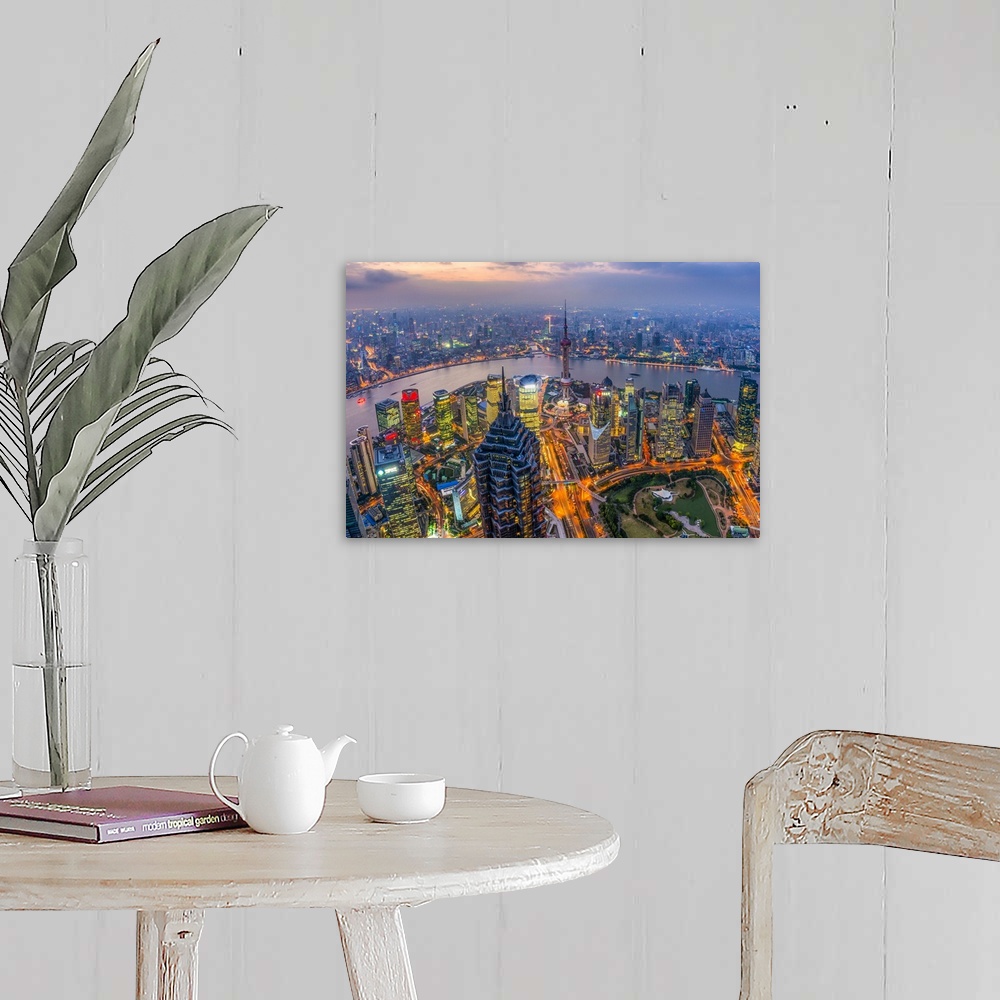 A farmhouse room featuring China, Shanghai, View over Pudong Financial District, Huangpu River beyond