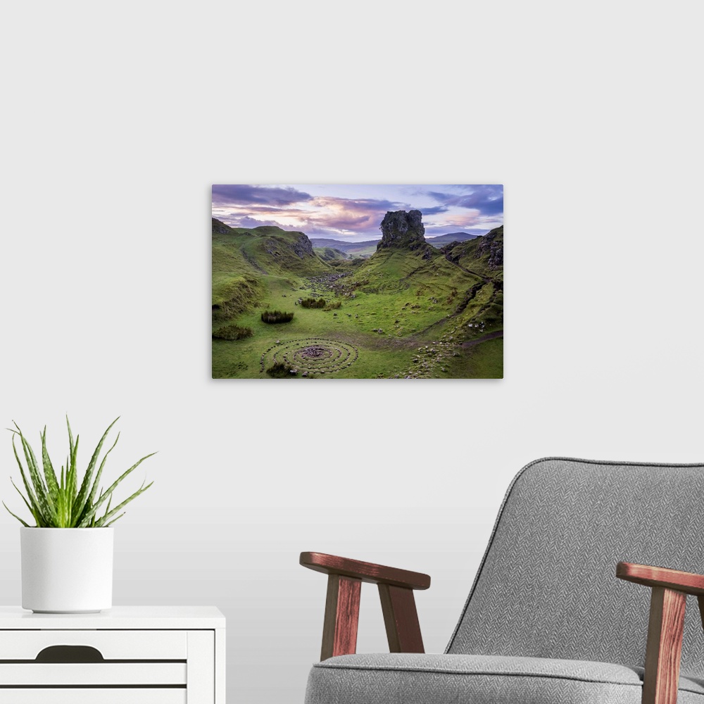 A modern room featuring Circular rock pattern on green landscape near Castle Ewen at sunset, Fairy Glen, Isle of Skye, Hi...