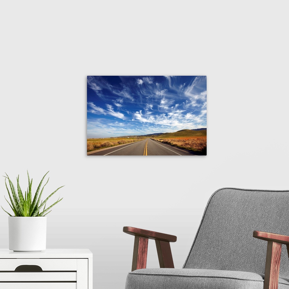A modern room featuring Cirrus Clouds Over Road, Antelope Valley, California, USA