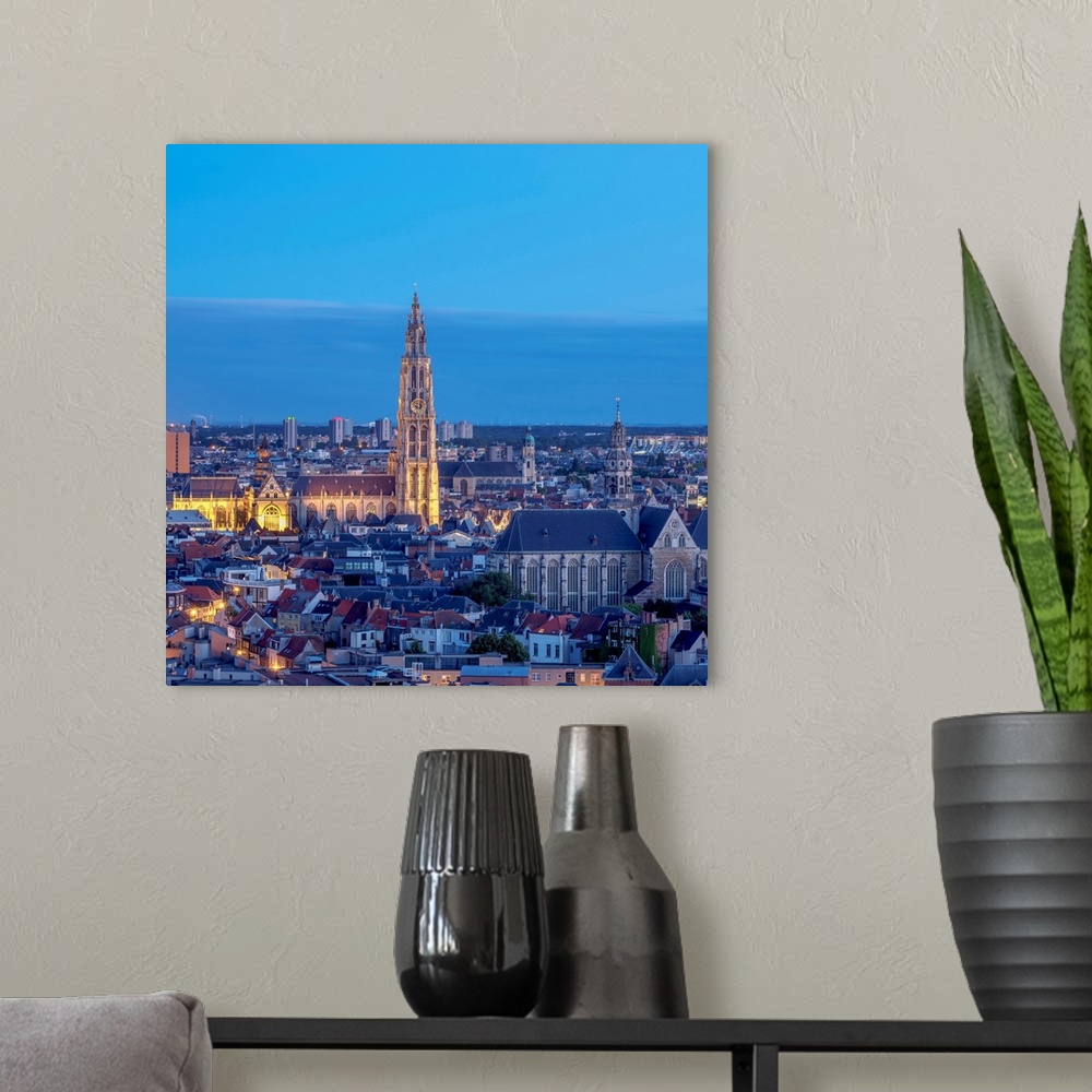 A modern room featuring City Center Skyline At Twilight, Elevated View, Antwerp, Belgium