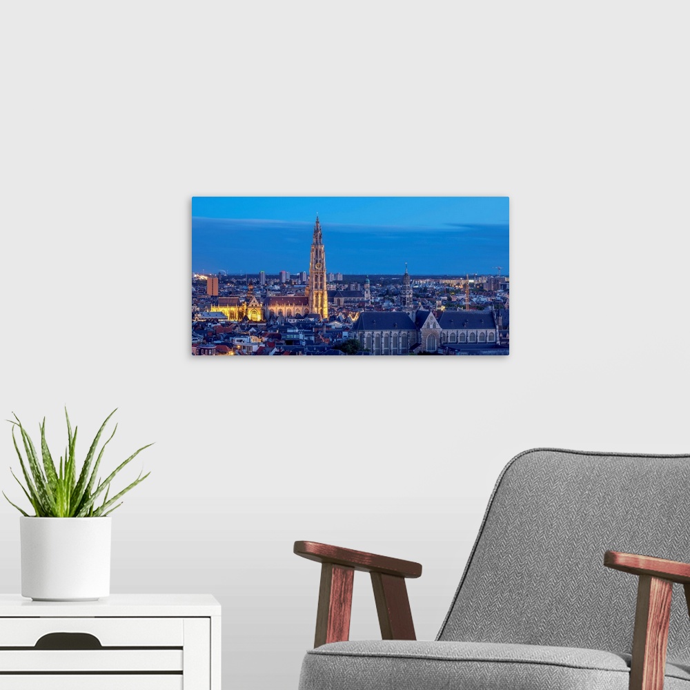 A modern room featuring City Center Skyline At Twilight, Elevated View, Antwerp, Belgium