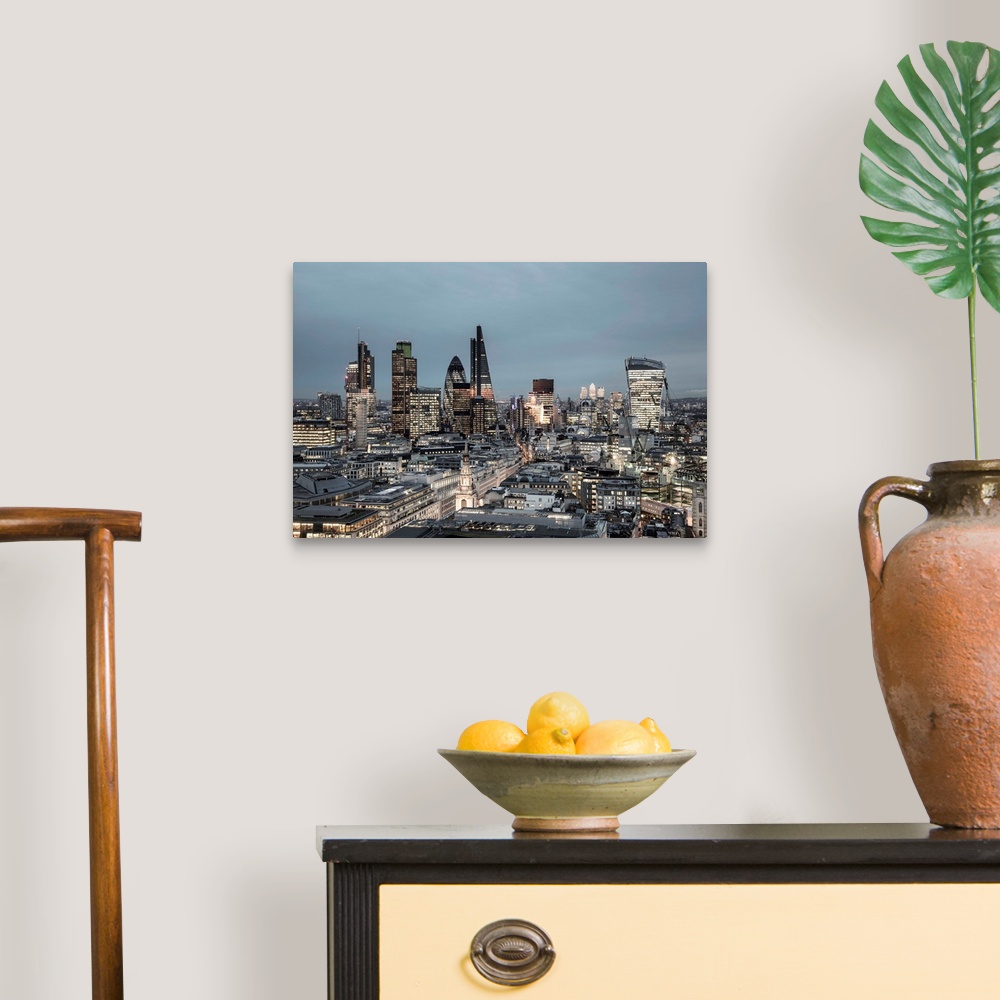 A traditional room featuring City of London skyline, London, England.