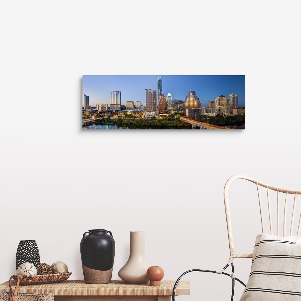 A farmhouse room featuring City skyline viewed across the Colorado river, Austin, Texas, United States of America