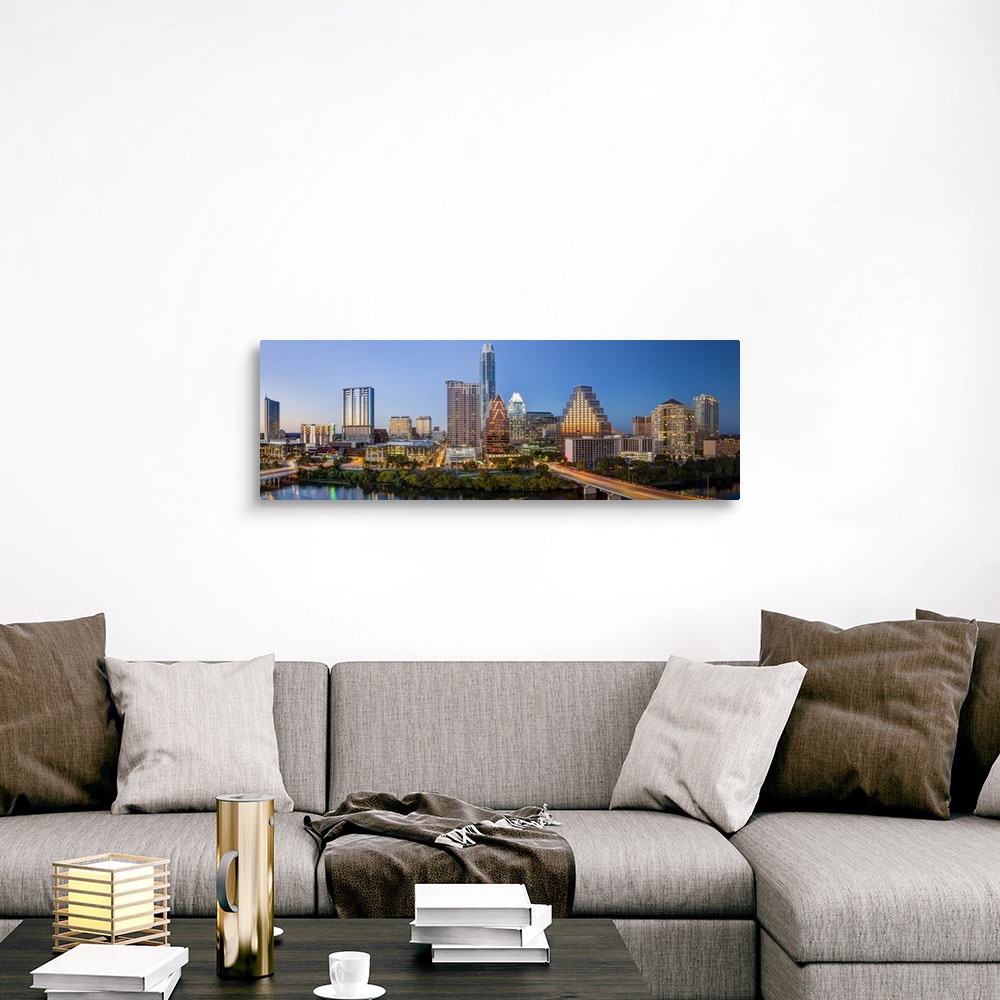 A traditional room featuring City skyline viewed across the Colorado river, Austin, Texas, United States of America
