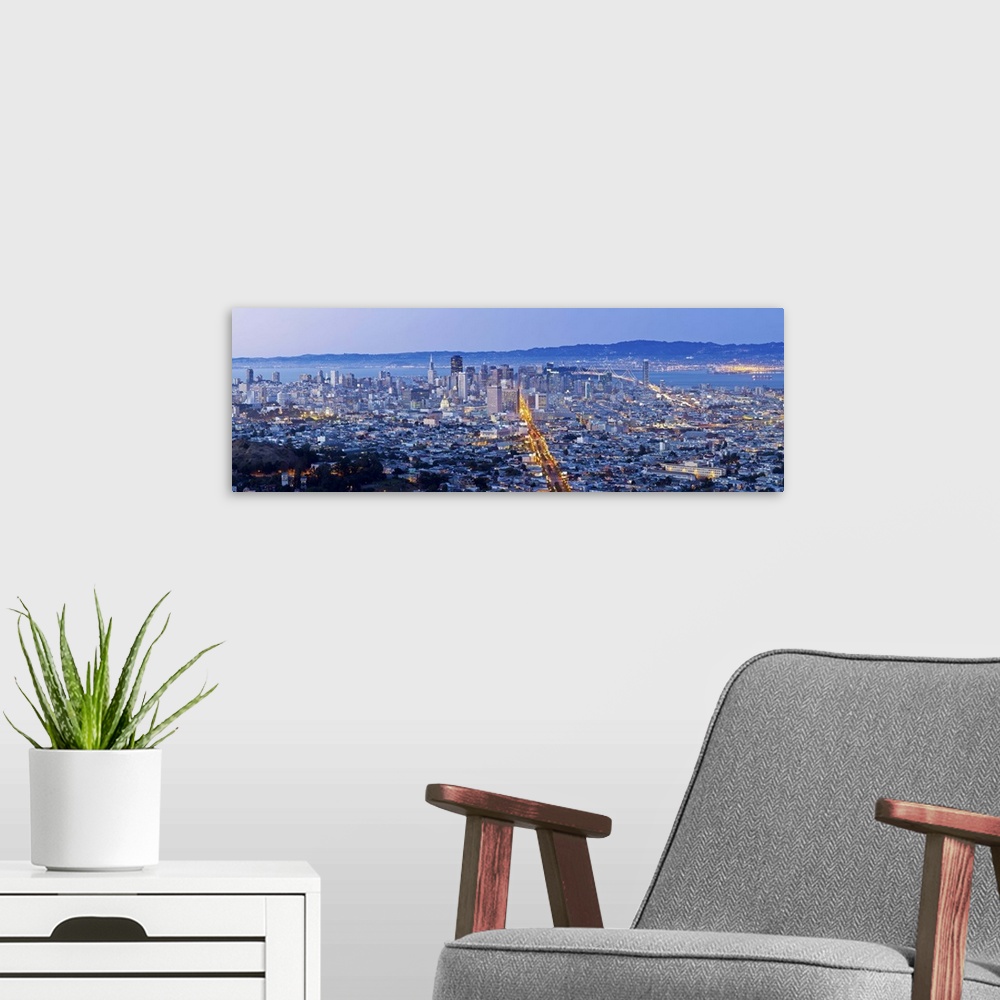 A modern room featuring City skyline viewed from Twin Peaks, San Francisco, California, United States of America
