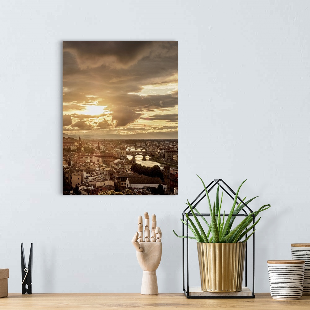 A bohemian room featuring Cityscape with Ponte Vecchio and Arno River at sunset, Florence, Tuscany, Italy.