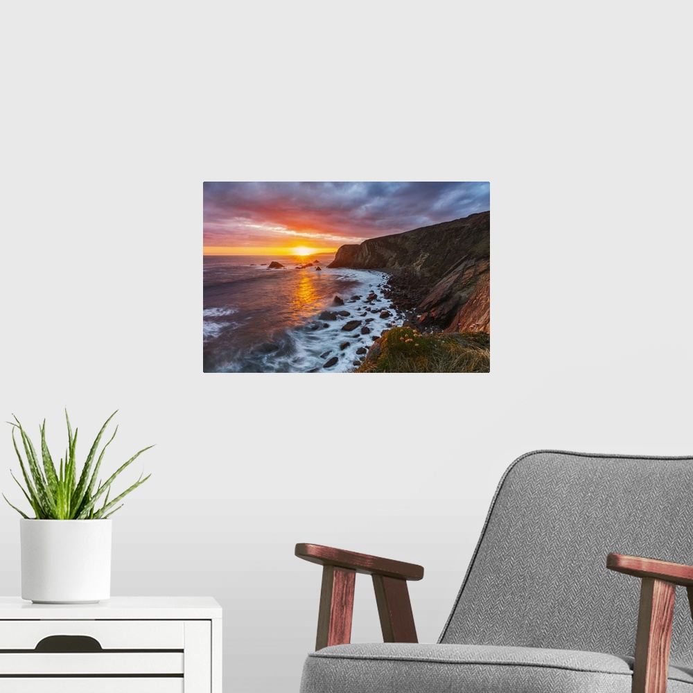 A modern room featuring Cliffs at sunset, Crohy Head, Dungloe, Maghery, Donegal, Ireland, Northern Europe