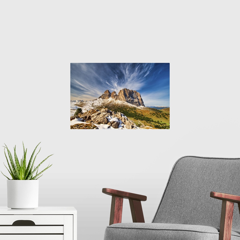 A modern room featuring Cloudscape over Sassolungo, South Tyrol, Dolomites, Italy