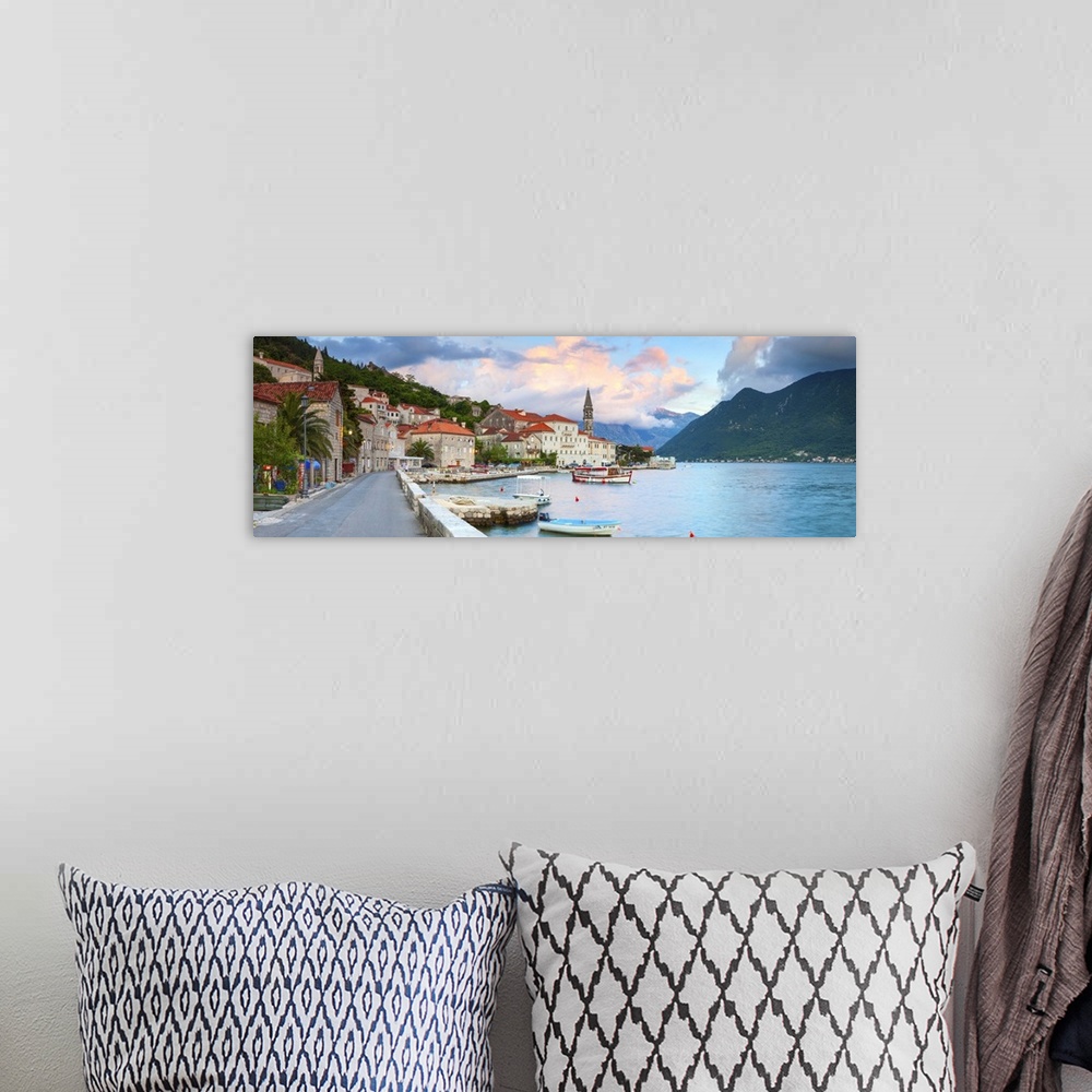 A bohemian room featuring The picturesque coastal village of Perast illuminated at sunset, Perast, Bay of Kotorska, Montenegro