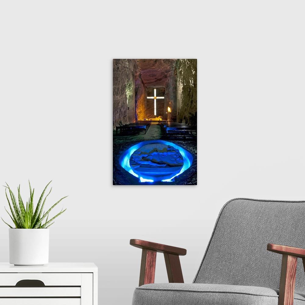A modern room featuring Colombia / Zipaquira / Cudinamarca Province / Salt Cathedral / Main Altar With Cross / The Creati...