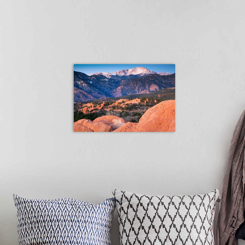 A bohemian room featuring USA, Colorado, Colorado Springs, Garden of the Gods with view of Pikes Peak, dawn