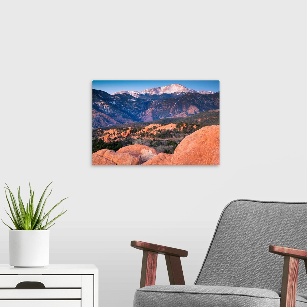 A modern room featuring USA, Colorado, Colorado Springs, Garden of the Gods with view of Pikes Peak, dawn