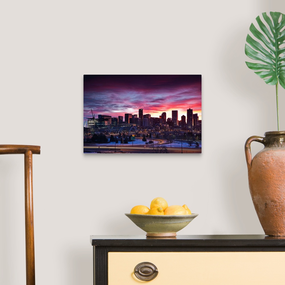A traditional room featuring USA, Colorado, Denver, city view from the west, dawn