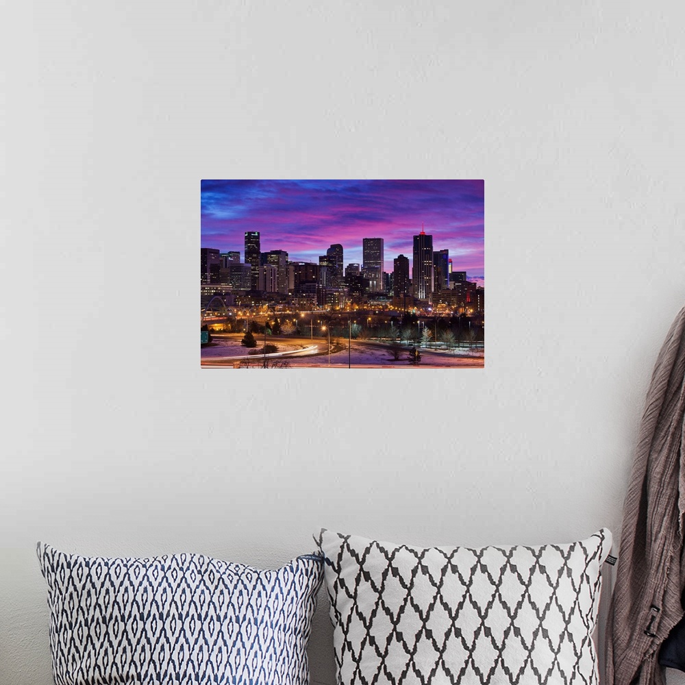 A bohemian room featuring USA, Colorado, Denver, city view from the west, dawn