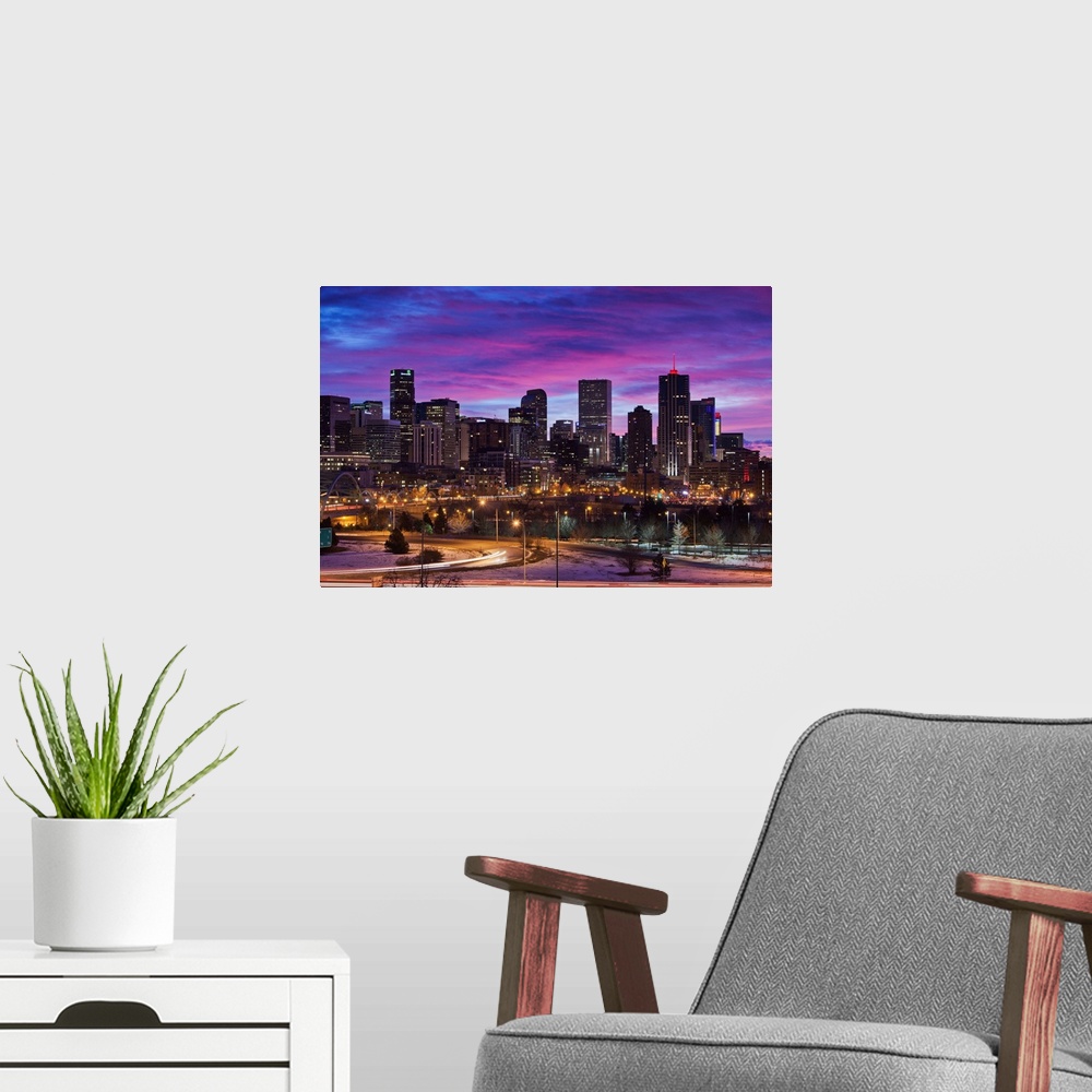 A modern room featuring USA, Colorado, Denver, city view from the west, dawn