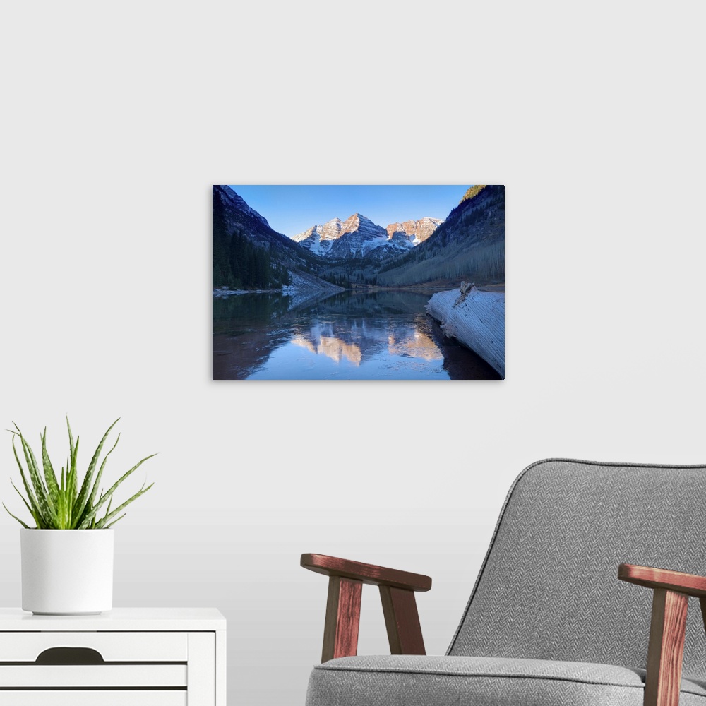A modern room featuring USA, Colorado, Maroon Bells Mountain reflected in Maroon Lake