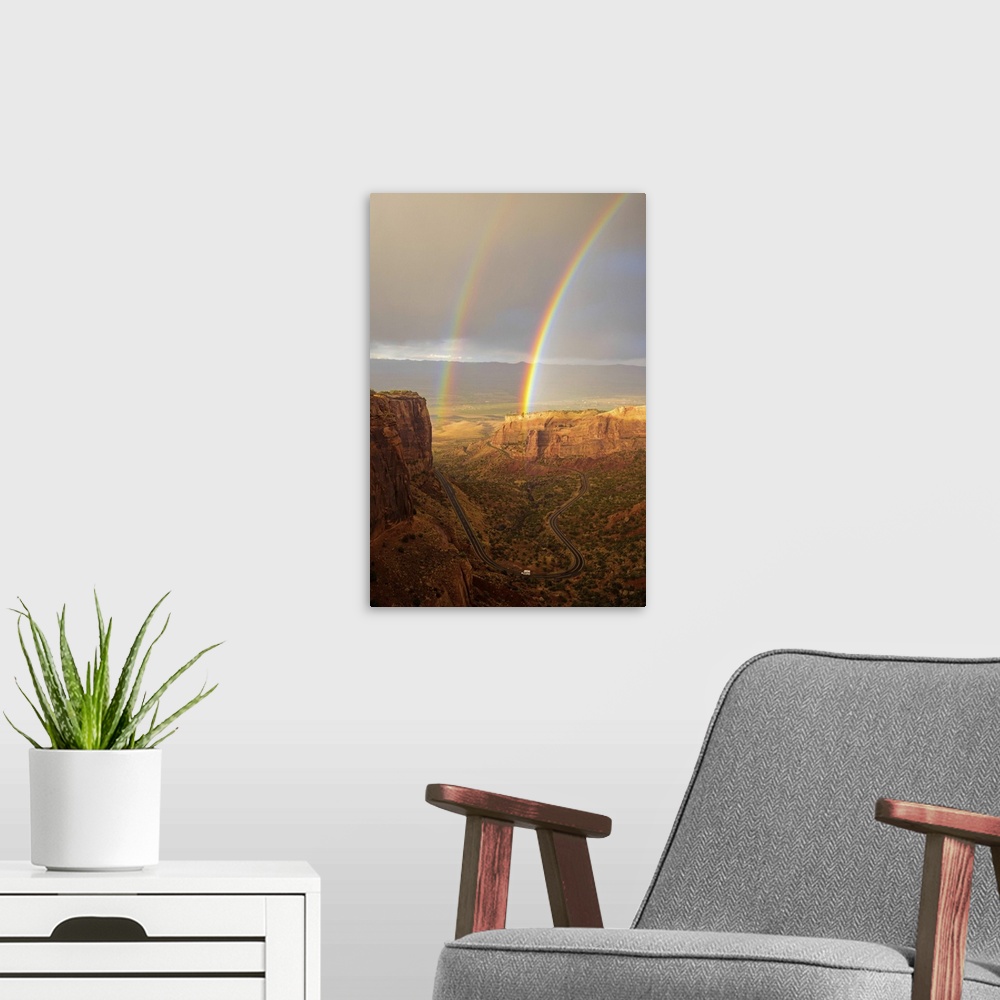 A modern room featuring USA, Colorado, Mesa County, Double rainbow in the Colorado National Monument.
