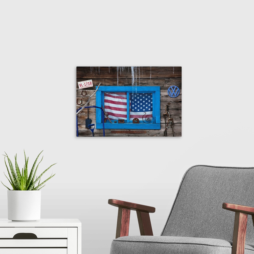 A modern room featuring USA, Colorado, Telluride, US Flag in window