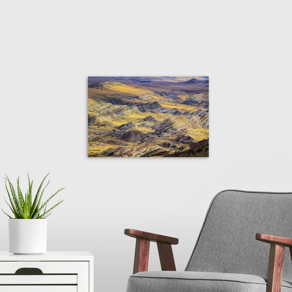 A modern room featuring Scenic view of colorful landscape seen from David Gareja Monastery complex, Sagarejo Municipality...