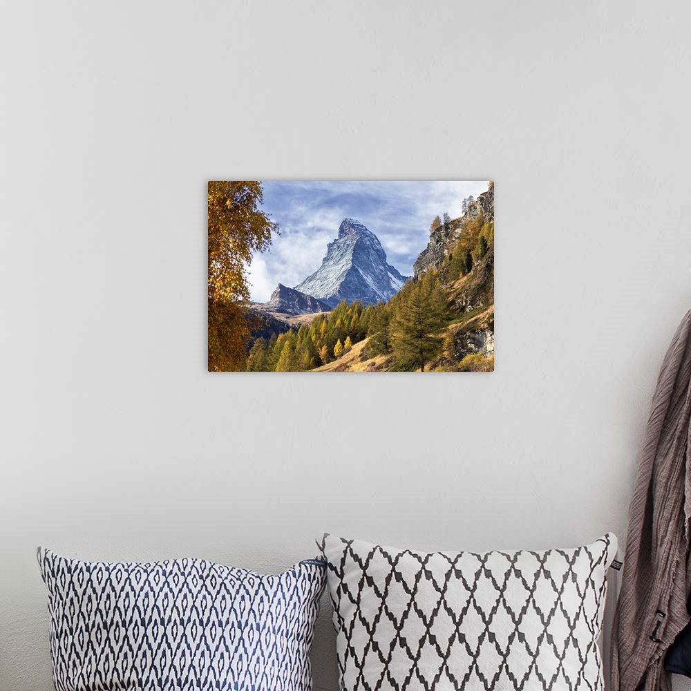 A bohemian room featuring Colourful trees in autumn with Matterhorn in the background. Zermatt, Mattertal, Canton of Valais...