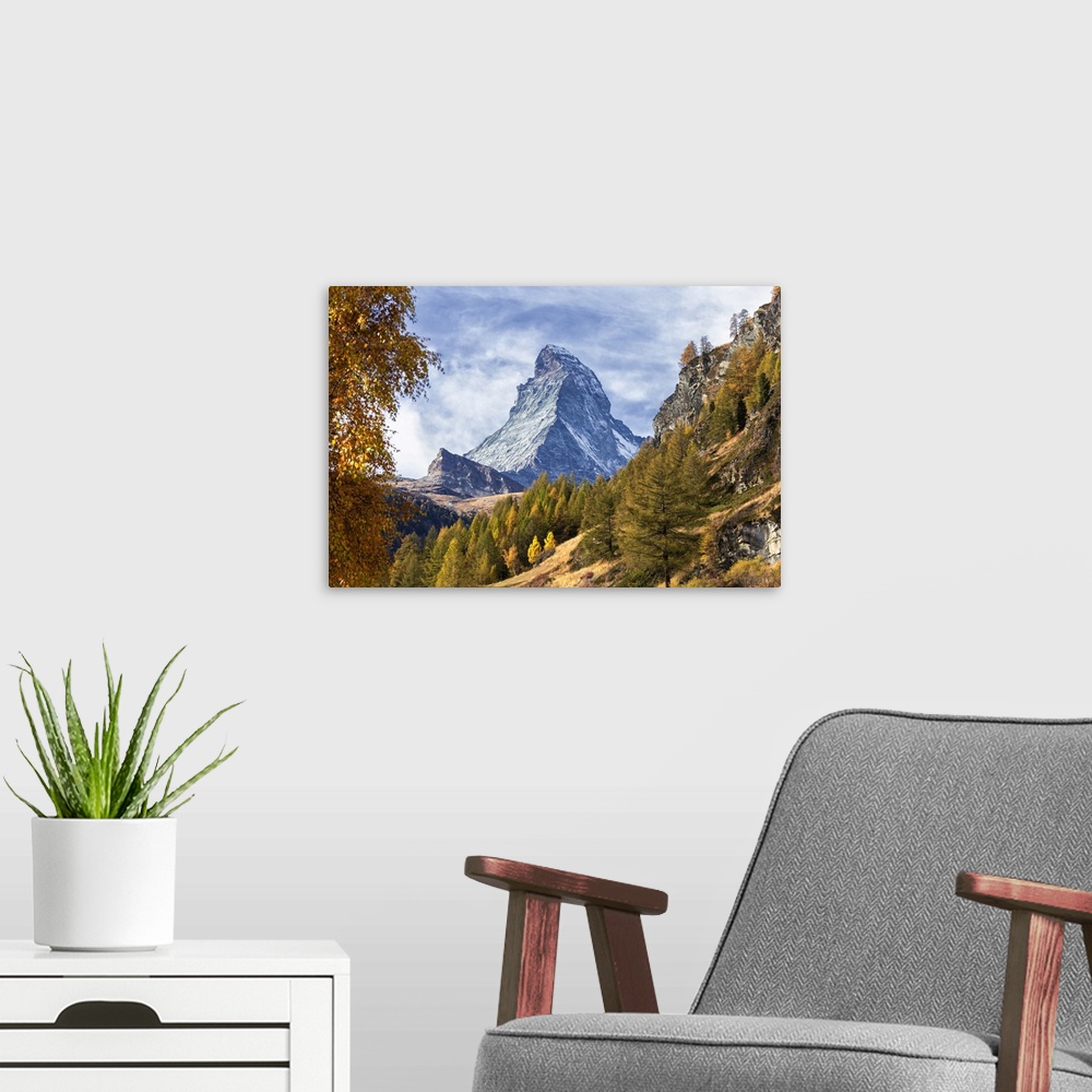 A modern room featuring Colourful trees in autumn with Matterhorn in the background. Zermatt, Mattertal, Canton of Valais...