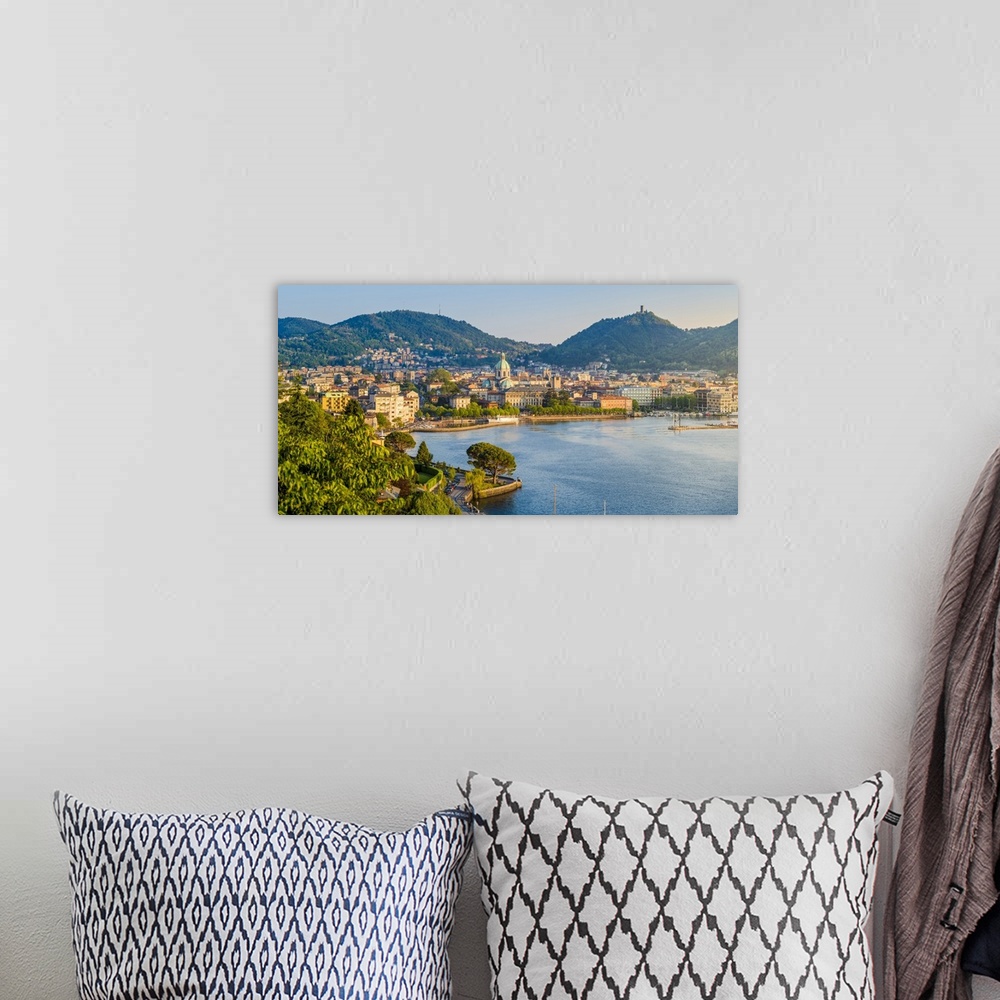 A bohemian room featuring Como, Lombardy, Italy. High angle view cityscape of Como and the lake front, with the Cathedral o...