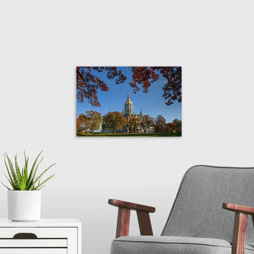 A modern room featuring USA, Connecticut, Hartford, Connecticut State Capitol, exterior, autumn.