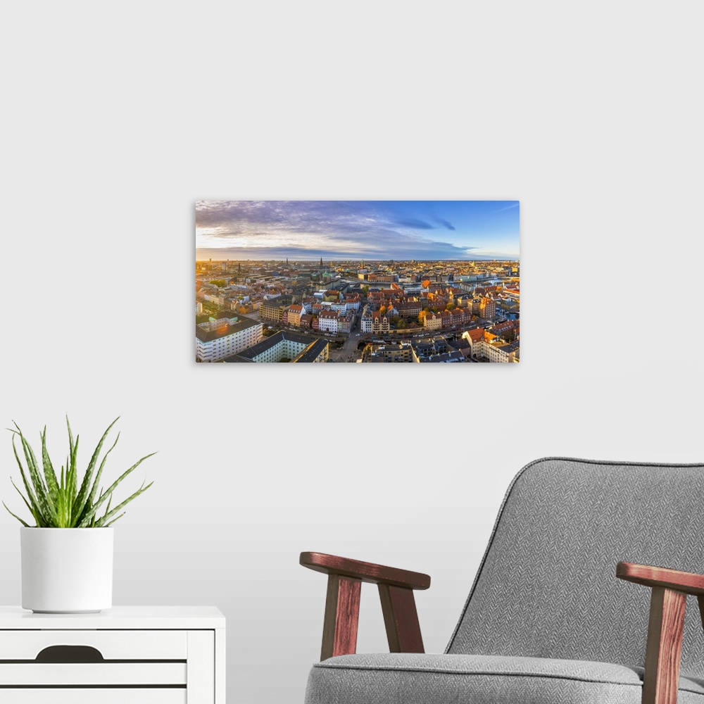 A modern room featuring Copenhagen, Hovedstaden, Denmark, Northern Europe. High angle view over the old town from the Our...