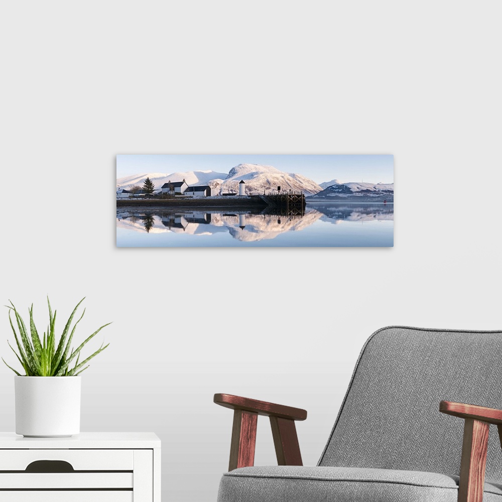 A modern room featuring Corpach Lighthouse on Loch Eil with Ben Nevis and Fort William in the background, Highland Region...