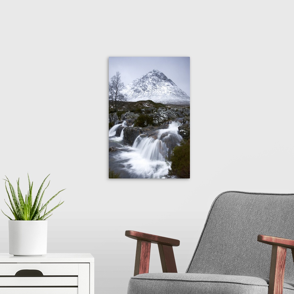 A modern room featuring Coupall Falls and Buachaille Etive Mor in winter, Glencoe, Scotland, UK