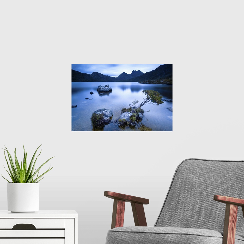 A modern room featuring Cradle Mountain National Park, Tasmania, Australia. Dove lake at sunrise