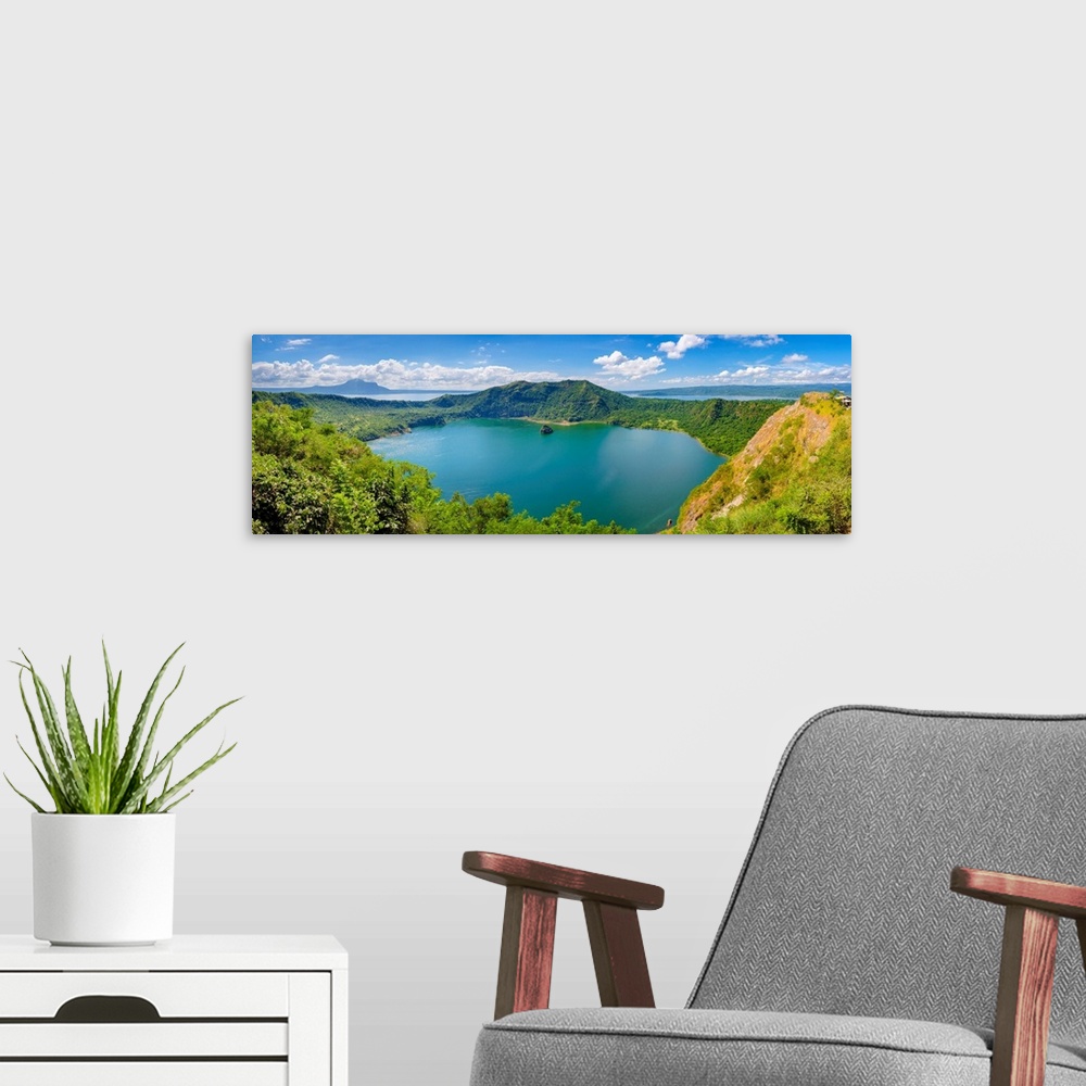 A modern room featuring Crater lake of Taal Volcano on Taal Volcano Island, Talisay, Batangas Province, Philippines.