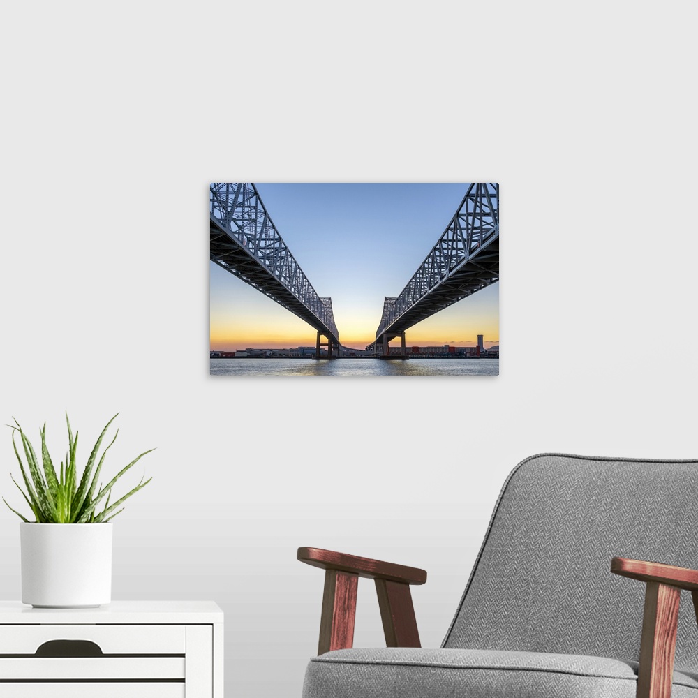 A modern room featuring United States, Louisiana, New Orleans. Crescent City Connection, twin span bridges over the Missi...
