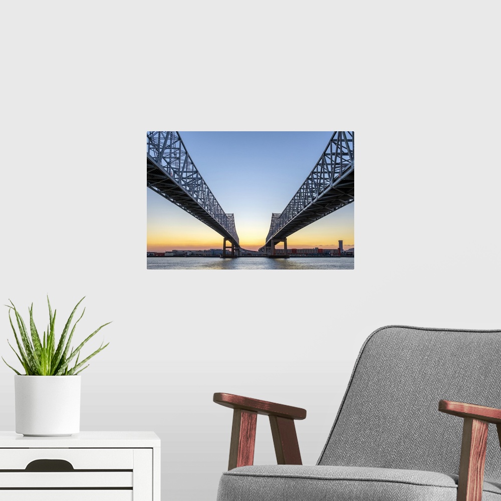 A modern room featuring United States, Louisiana, New Orleans. Crescent City Connection, twin span bridges over the Missi...