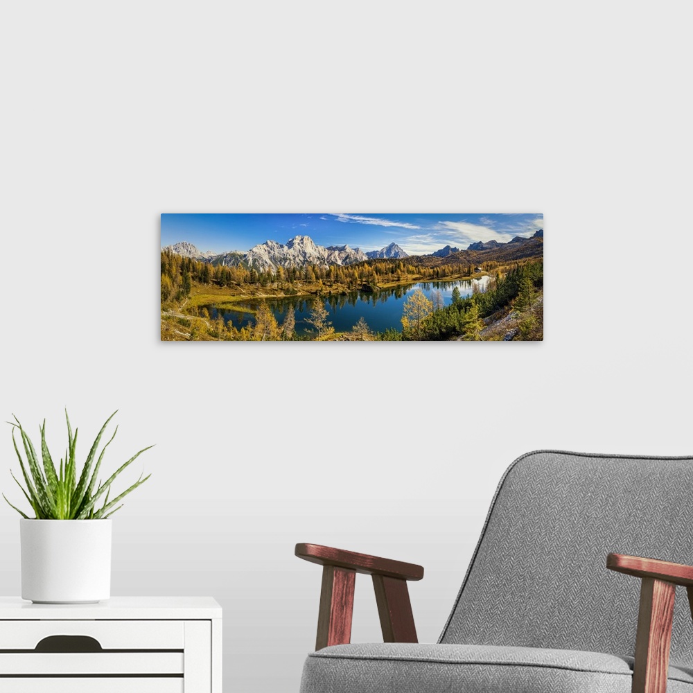 A modern room featuring Cristallo Mountains & Lake Federa in Autumn, Dolomites, Italy.