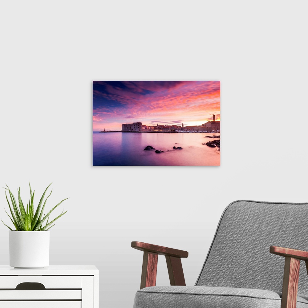 A modern room featuring Croatia, Dubrovnik, Boats In The Old Town Harbour At Sunset