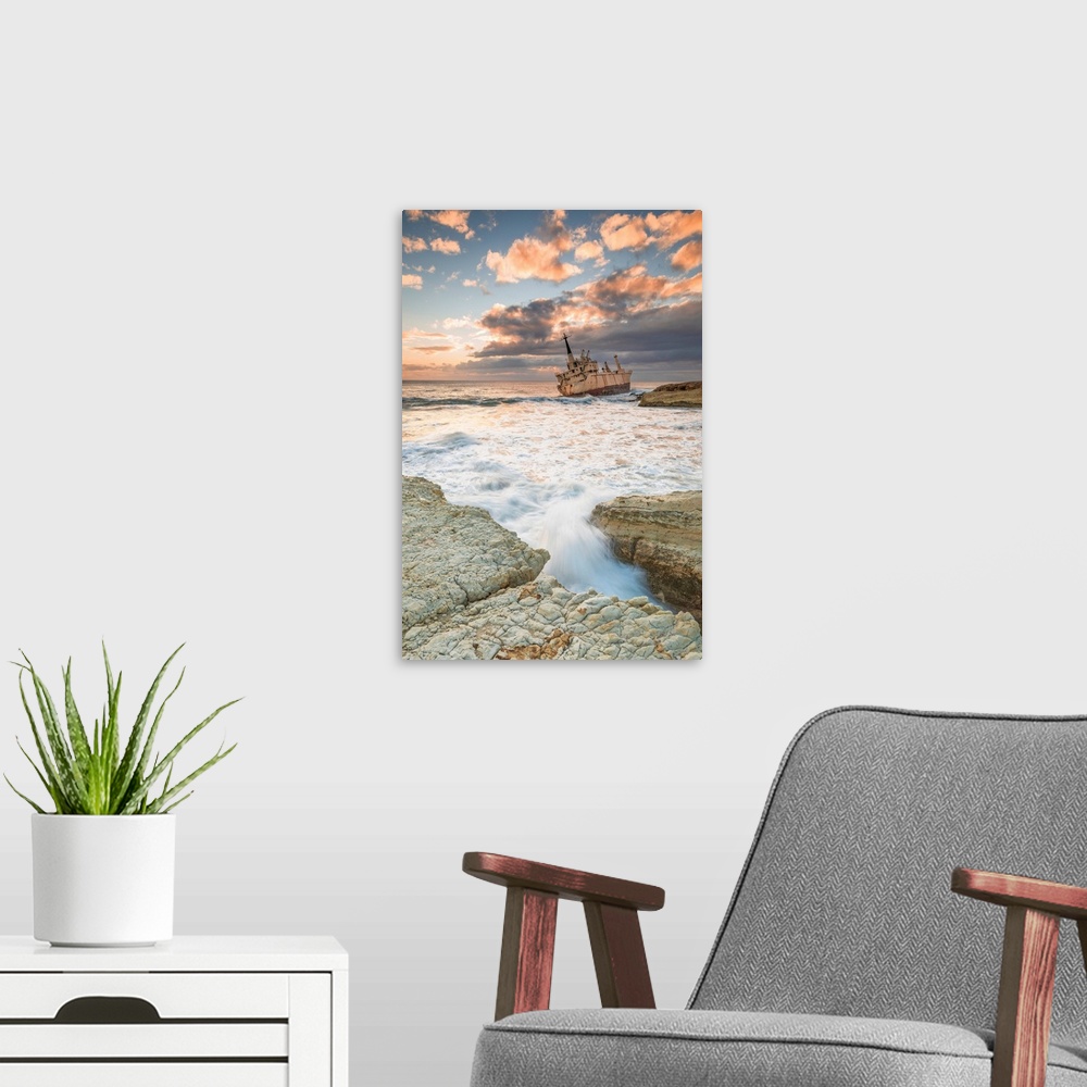 A modern room featuring Cyprus, Paphos, Coral Bay, The Shipwreck Of Edro III At Sunset