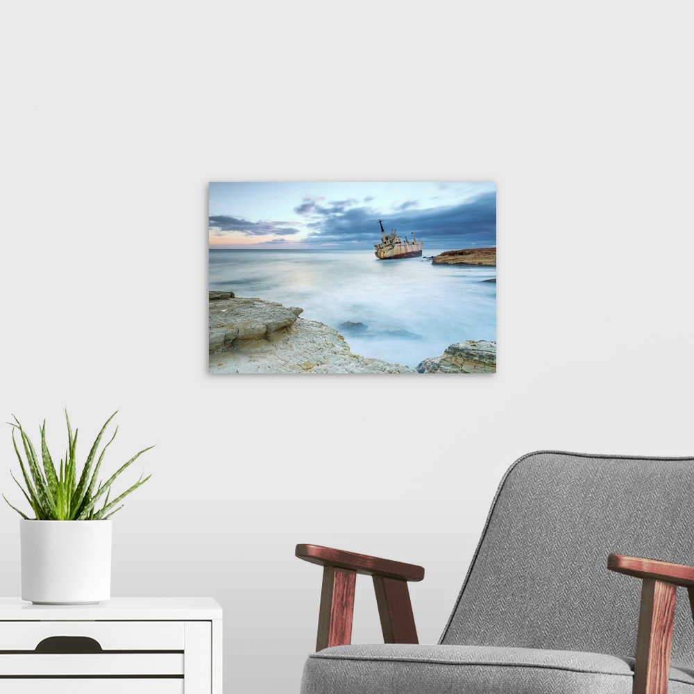 A modern room featuring Cyprus, Paphos, Coral Bay, The Shipwreck Of Edro III At Sunset