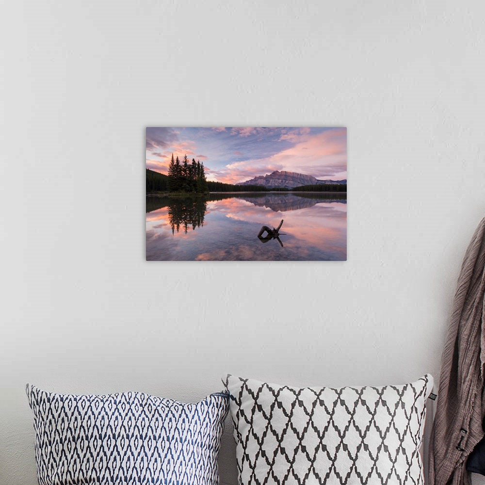 A bohemian room featuring Colourful dawn sky above Mount Rundle and Two Jack Lake, Banff National Park, Alberta, Canada. Au...