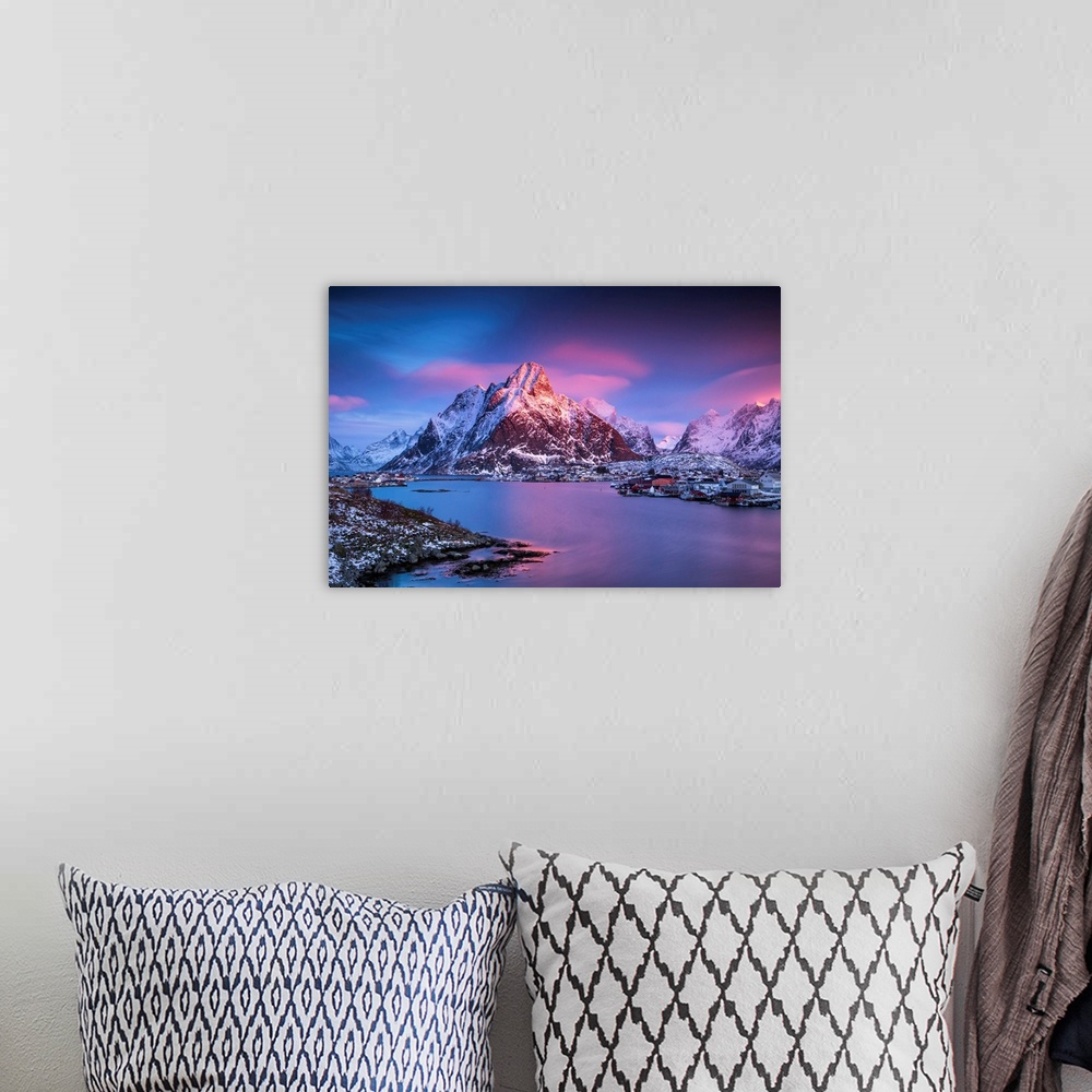 A bohemian room featuring Dawn Sky Over Reine, Lofoten Islands, Norway