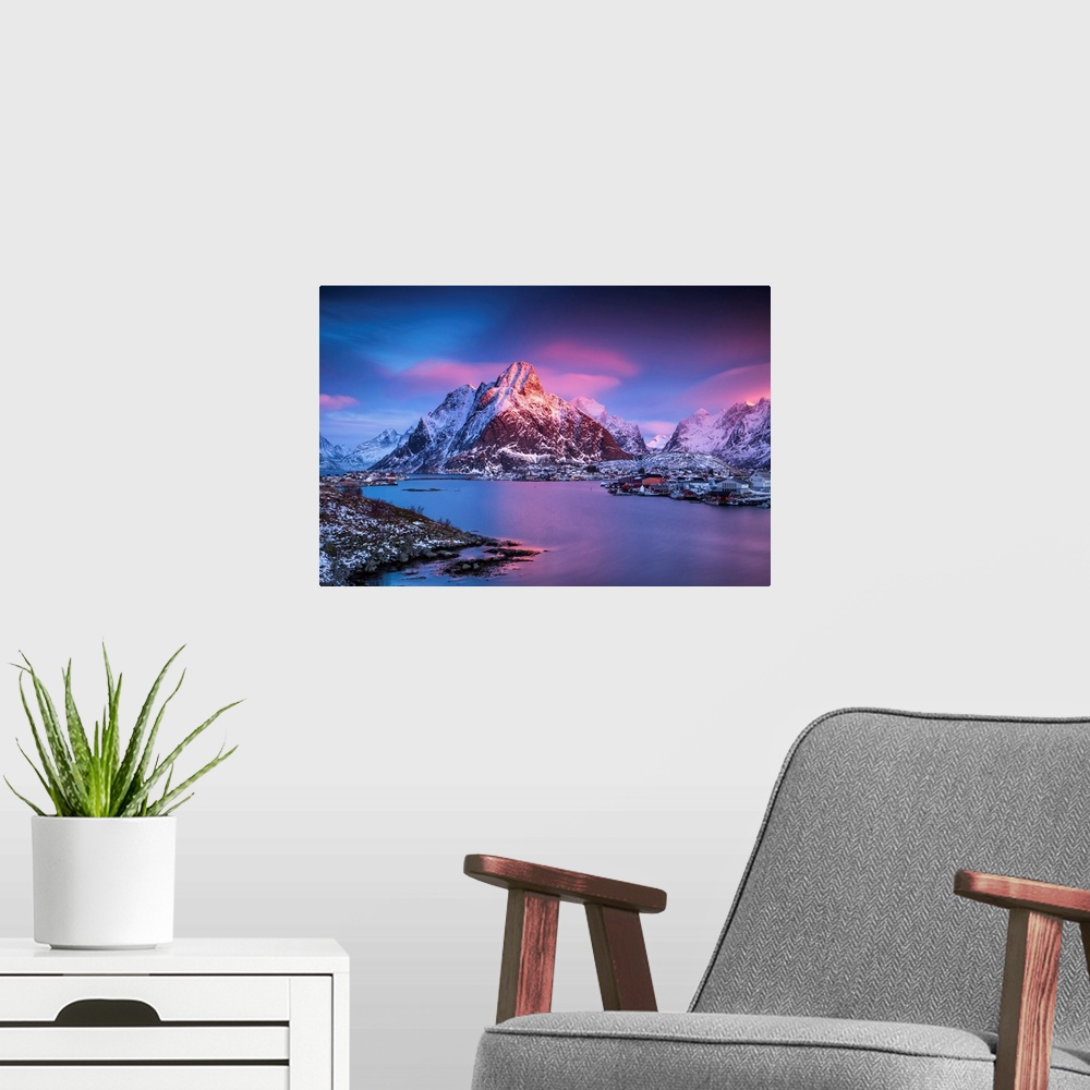 A modern room featuring Dawn Sky Over Reine, Lofoten Islands, Norway