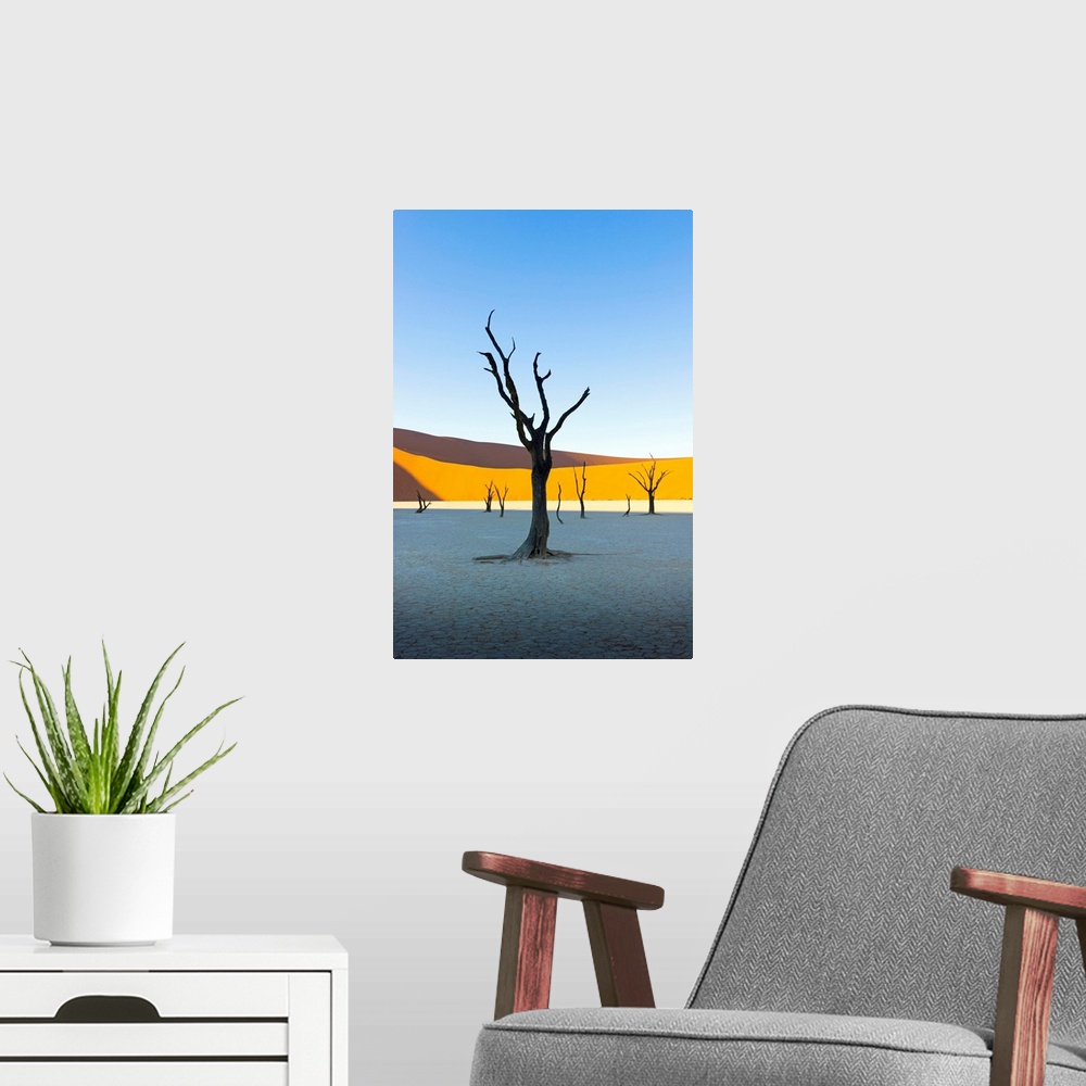 A modern room featuring Dead Vlei, Sossusvlei, Namib desert at sunrise, Namibia, Africa.