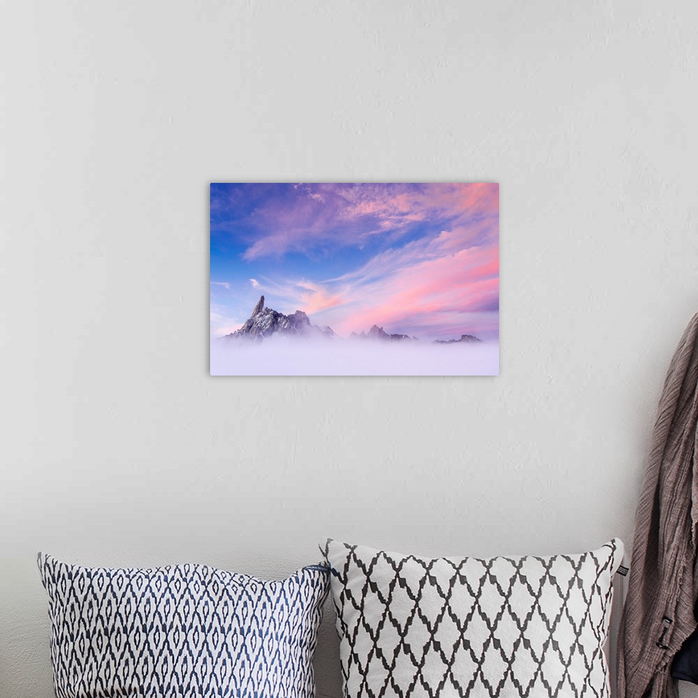 A bohemian room featuring Dent du Geant view with rose clouds, Punta Helbronner (3462m), Mont Blanc, Courmayeur, Aosta, Aos...