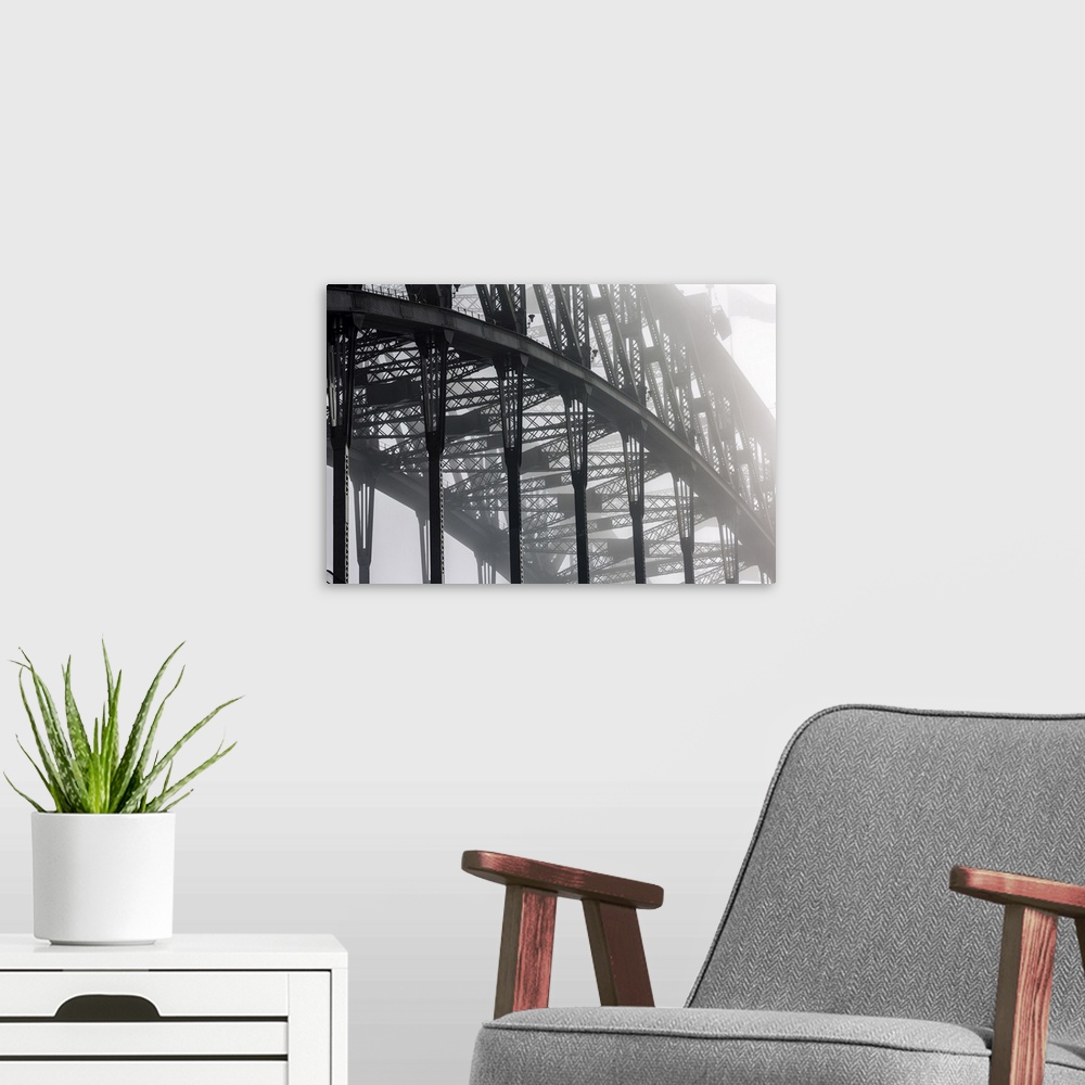 A modern room featuring Detail of Sydney Harbour Bridge in fog, Sydney, New South Wales, Australia.