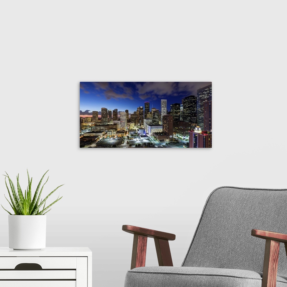 A modern room featuring Downtown City Skyline, Houston, Texas, United States of America
