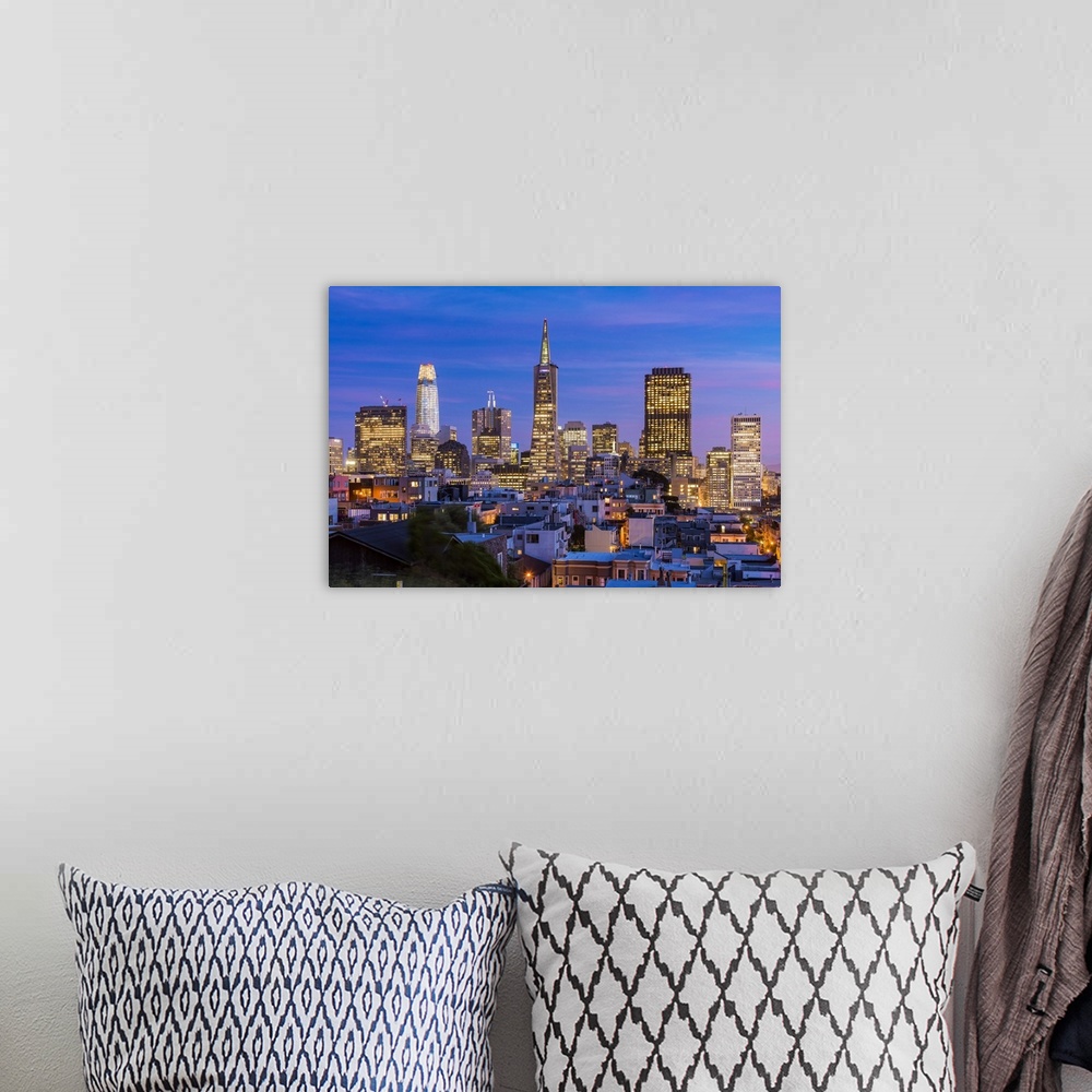 A bohemian room featuring Downtown skyline at dusk, San Francisco, California, USA