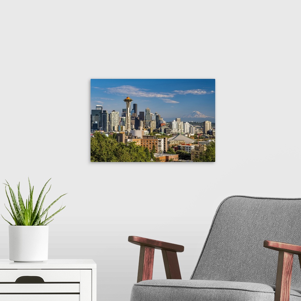 A modern room featuring Downtown skyline with the iconic Space Needle, Seattle, Washington, USA