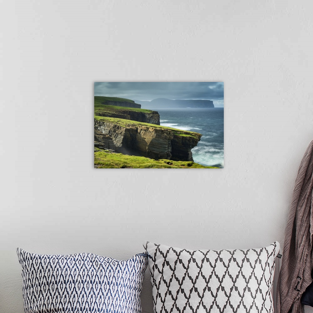 A bohemian room featuring Dramatic cliffs on the wild west coast or Mainland, Orkney Islands, Scotland. Autumn (September) ...